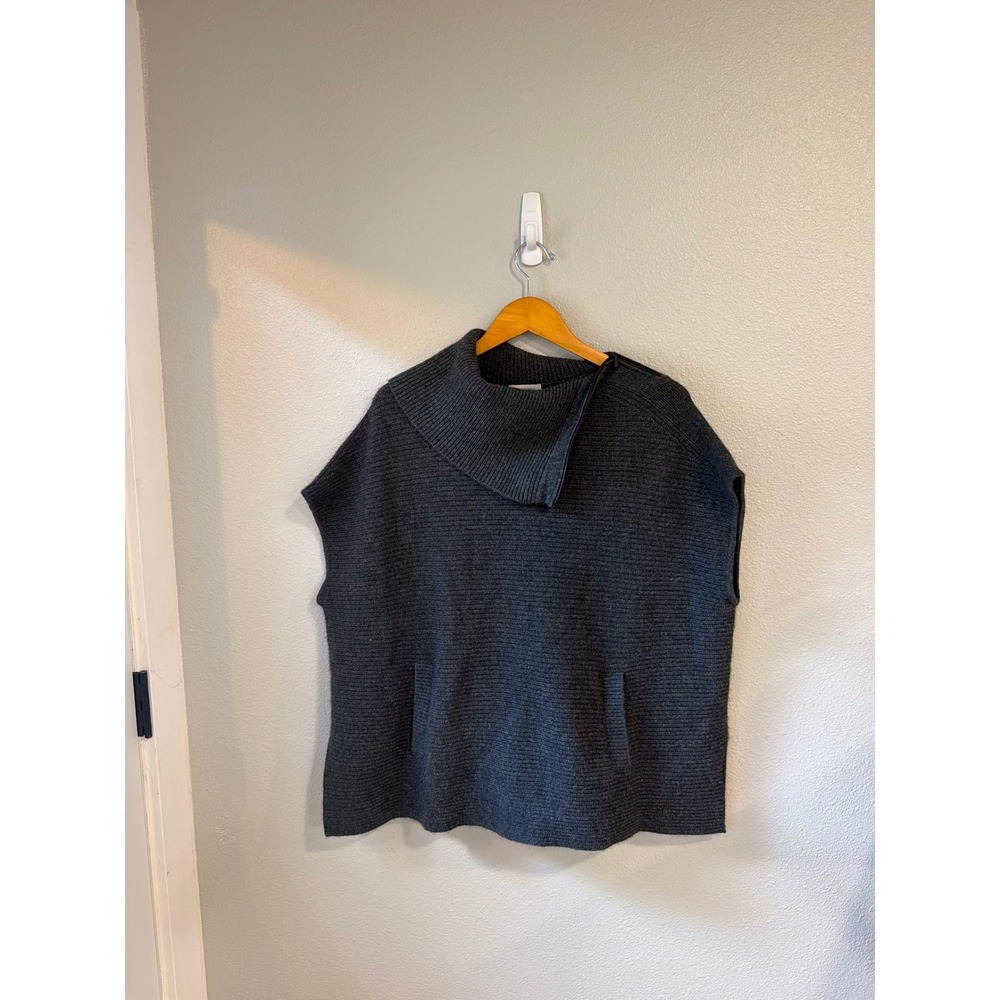 Kinross Cashmere Poncho Vest Womens Medium Charcoal Grey Ribbed Funnel Neck Zip